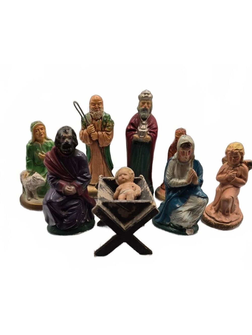 Nativity Set, 9 Hand Painted Figures with Manger, Vintage Chalkware